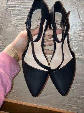 Call It Spring Black Pointed T-Strap Kitten Heels with Ankle Buckle